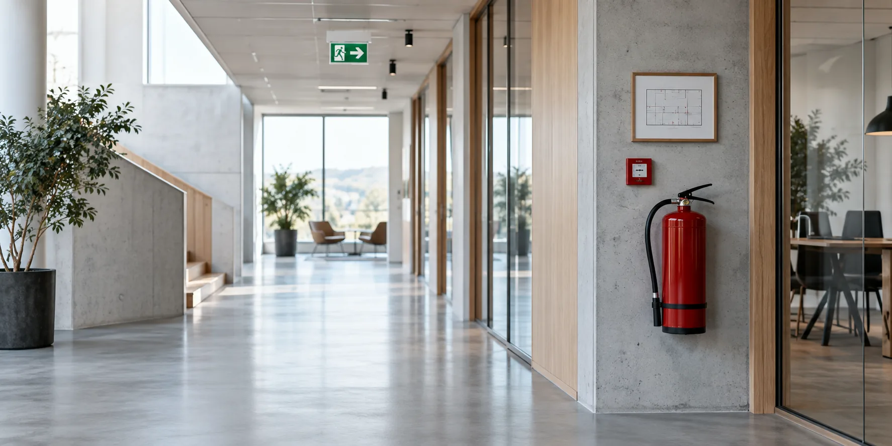 Brandsläckare, utrymningsskylt och dokumentation i en modern arbetsplats
